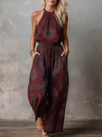 Women's Crew Neck Sleeveless Casual Loose-fit Retro Print Cotton-linen Wide-leg Jumpsuit