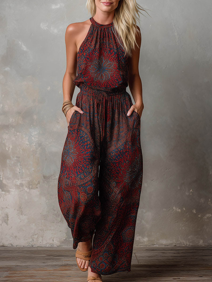 Women's Crew Neck Sleeveless Casual Loose-fit Retro Print Cotton-linen Wide-leg Jumpsuit