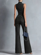 Casual Zipper Sleeveless Denim Flared Jumpsuit