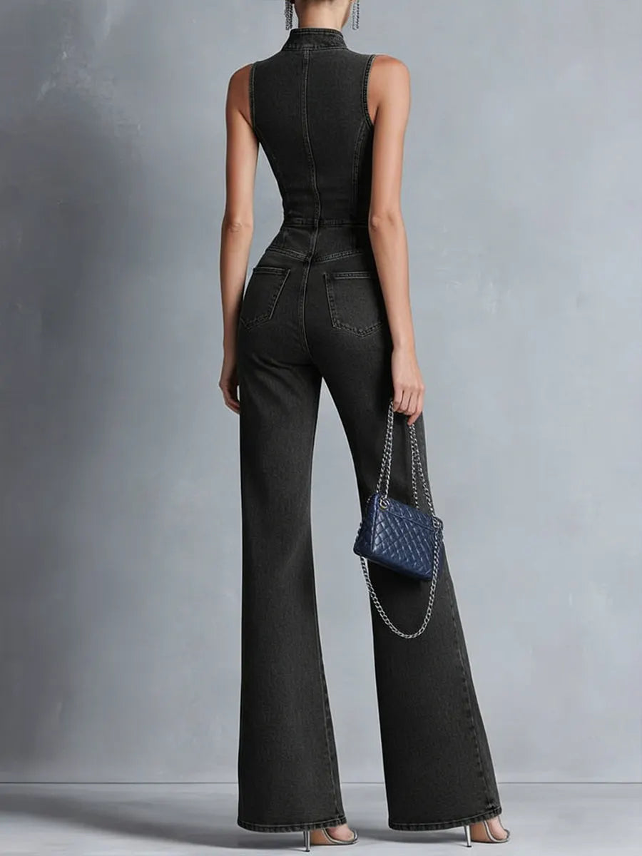 Casual Zipper Sleeveless Denim Flared Jumpsuit