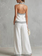 Women's Stand-up Collar Sleeveless Casual Loose Cotton And Linen Top With Elastic Waist And Wide-leg Pants Cotton And Linen Set