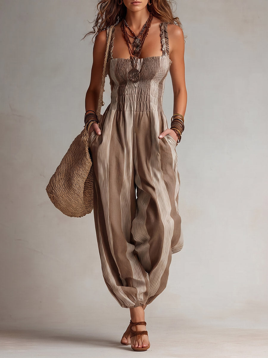 Women's Square-Neck Sleeveless Loose-Fit Casual Jumpsuit â€” Plaid Print Cotton-Linen Strappy Romper