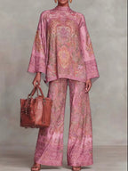 Cozy And Loose-fitting Retro Print Top And Pants Two-piece Set
