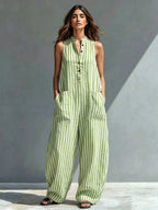 Classic Striped Loose-fit Cotton-linen Jumpsuit