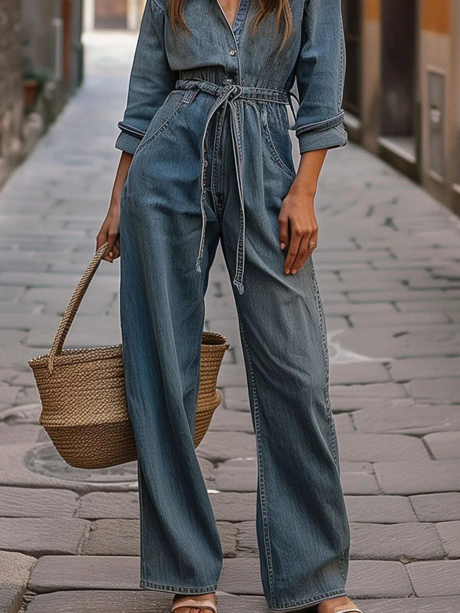 Women's Casual Stylish Lapel Button Denim Jumpsuit