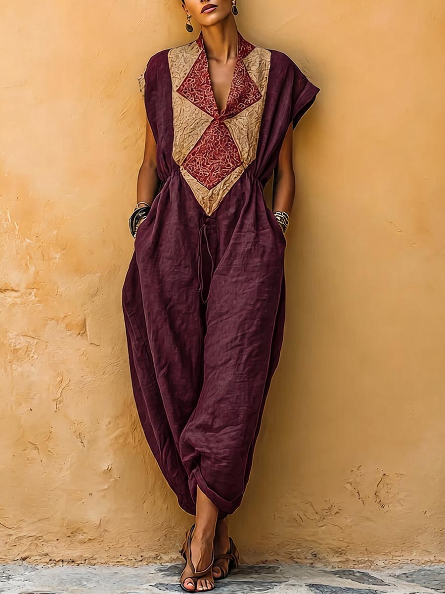 Women's V-neck Sleeveless Casual Loose Cotton-linen Jumpsuit With Placement Print