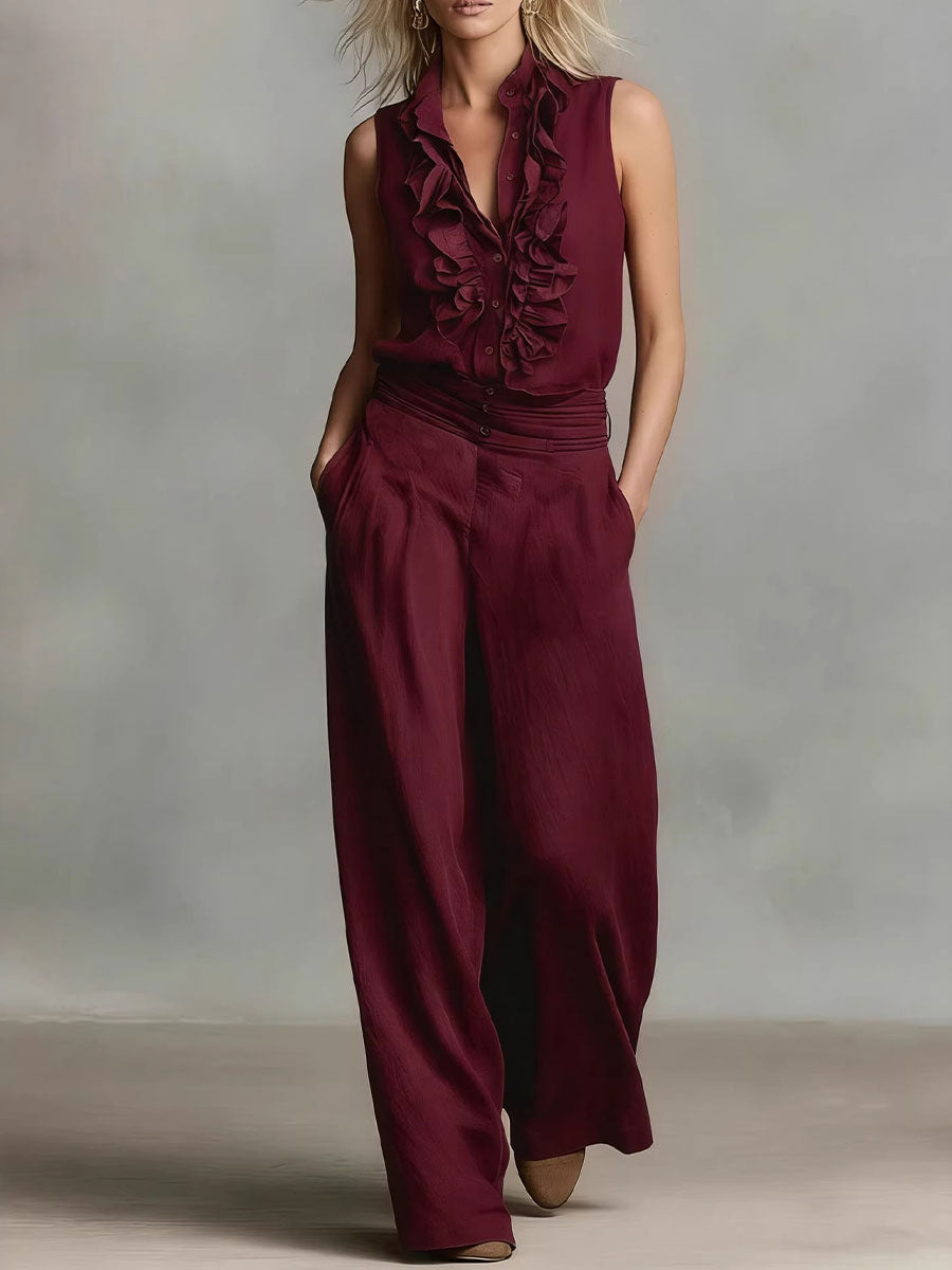 Women's Simple Linen Sleeveless Casual Shirt And Wide-leg Pants Set