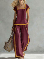 Women's Square Neck Short Sleeve Casual Loose Top High Waist Casual Loose Wide Leg Pants Cotton Linen Set