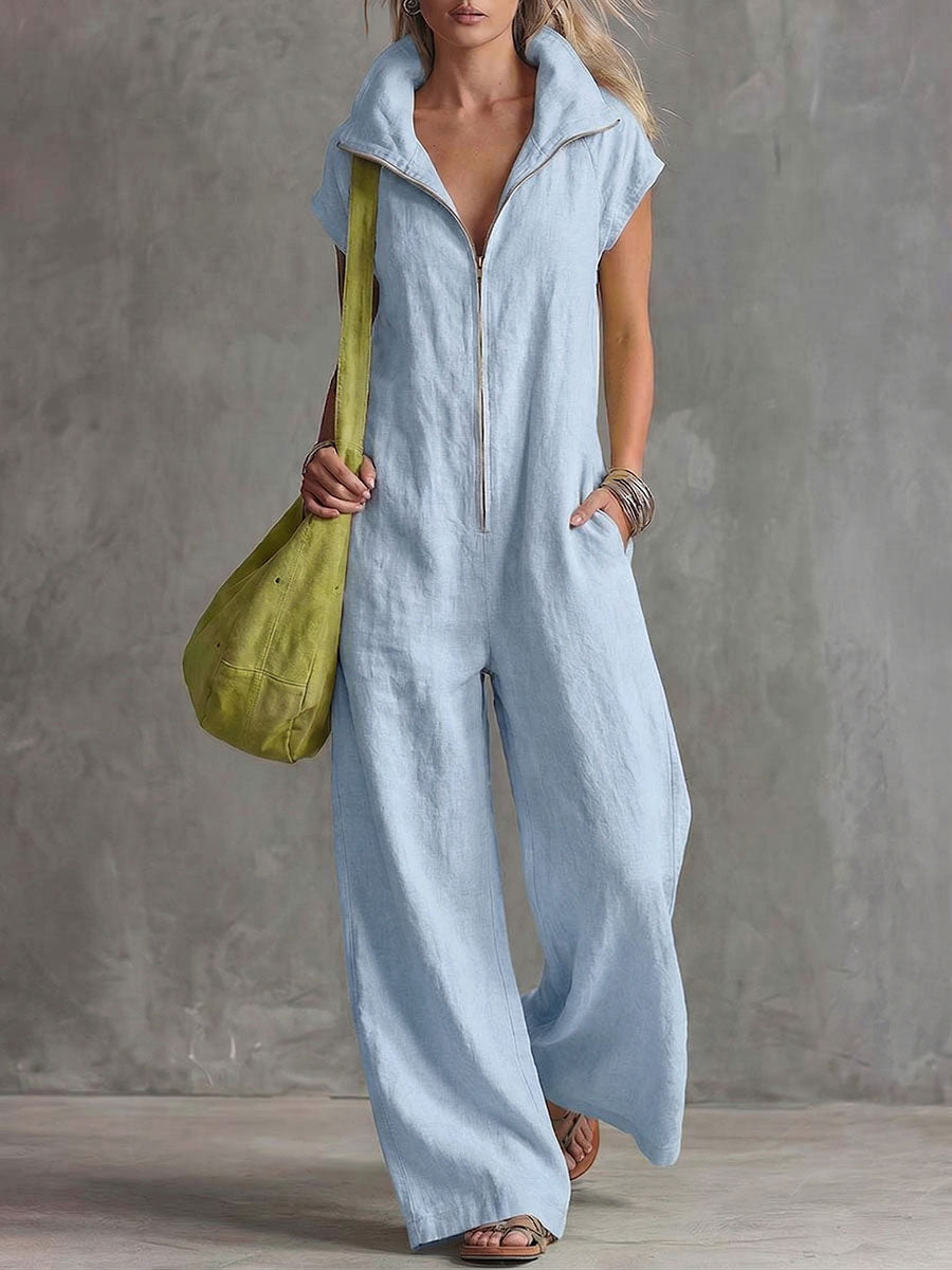 Women's Solid-color Lapel Short-sleeve Casual Loose Cotton-linen Wide-leg Jumpsuit