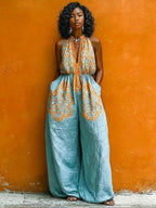 Bohemian Vintage Floral Print Linen And Cotton Jumpsuit