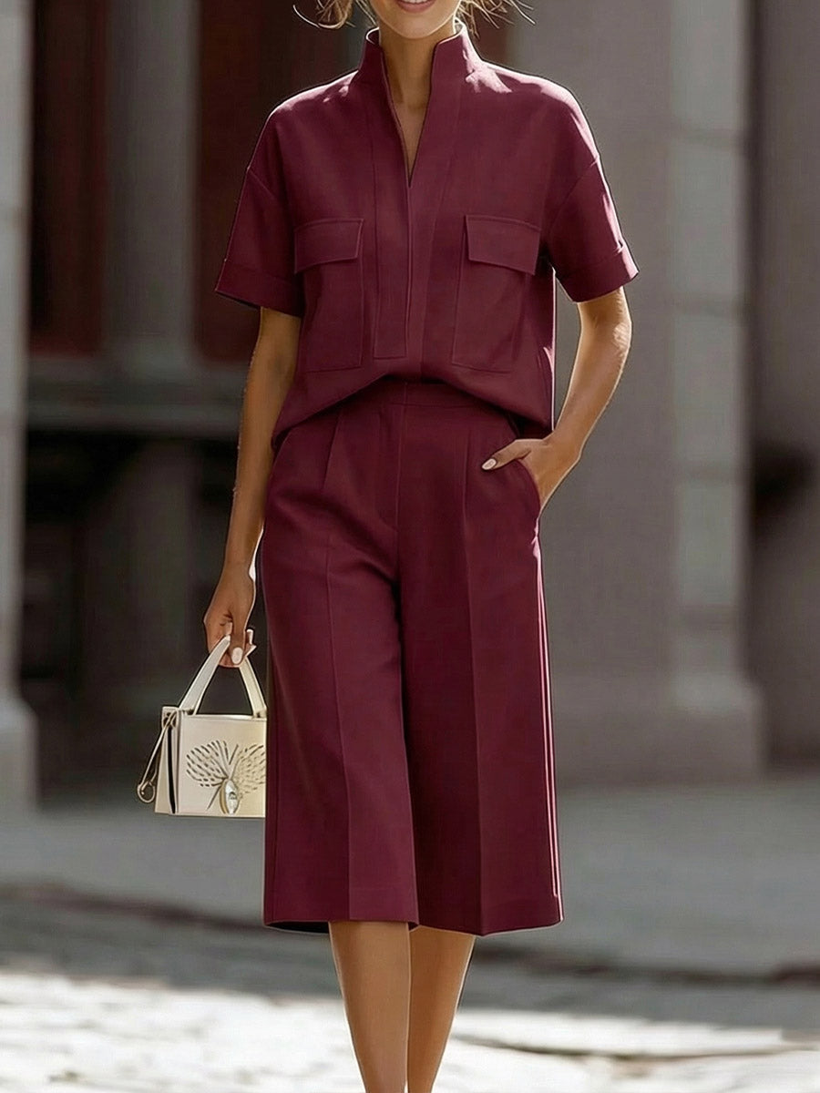Women's V-neck Short-sleeved Casual Loose Cotton Linen Top And High-waisted Casual Loose Wide-leg Pants Cotton Linen Set