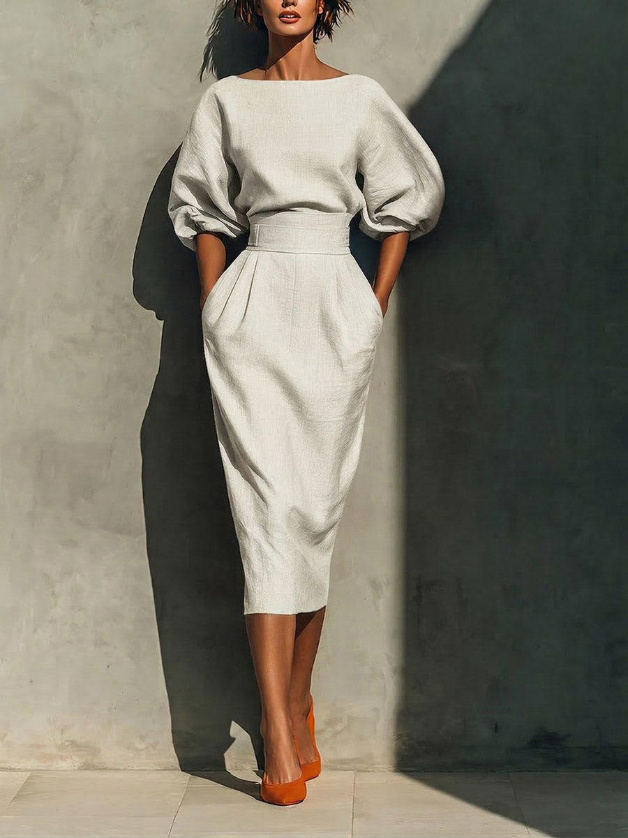 Women's Solid-color Round-neck 3/4-sleeve Loose Casual Top & High-waisted Pencil Skirt Cotton-linen Set