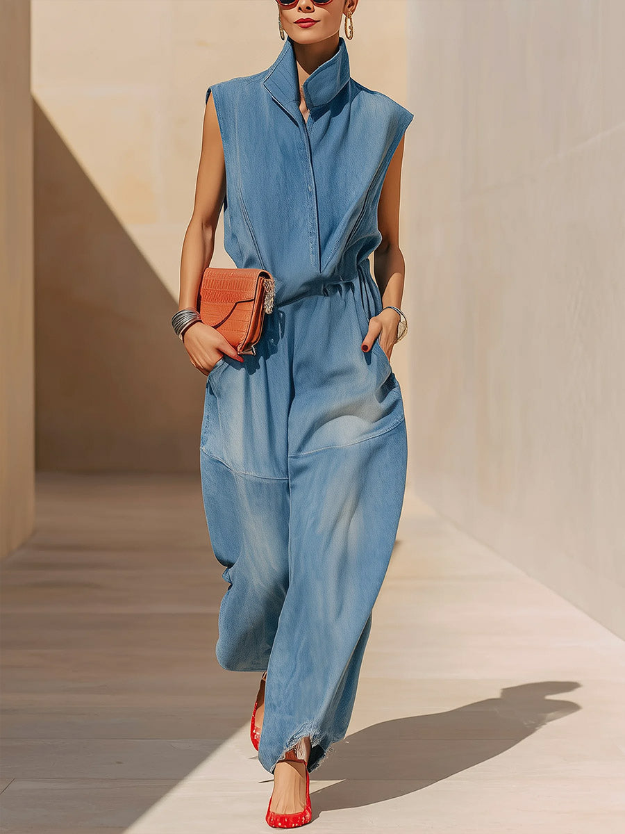 Women's Stand-up Collar Sleeveless Casual Loose Denim Jumpsuit