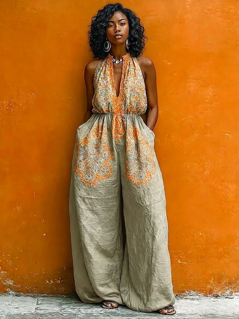 Bohemian Vintage Floral Print Linen And Cotton Jumpsuit