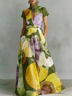 Elegant Stand-collar Floral Print Maxi Dress