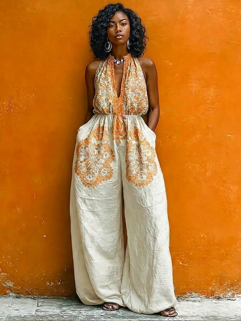 Bohemian Vintage Floral Print Linen And Cotton Jumpsuit
