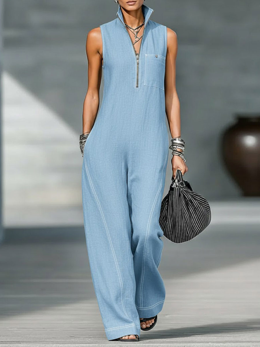 Women's Stand-collar Sleeveless Casual Loose Cotton And Linen Jumpsuit