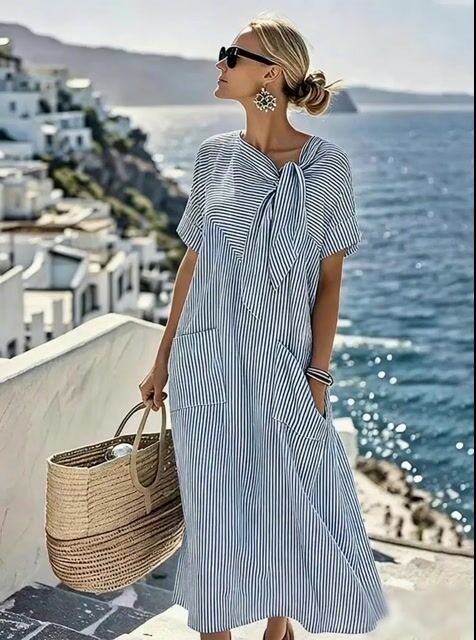Women'S Casual Color-Block Cotton And Linen Dress