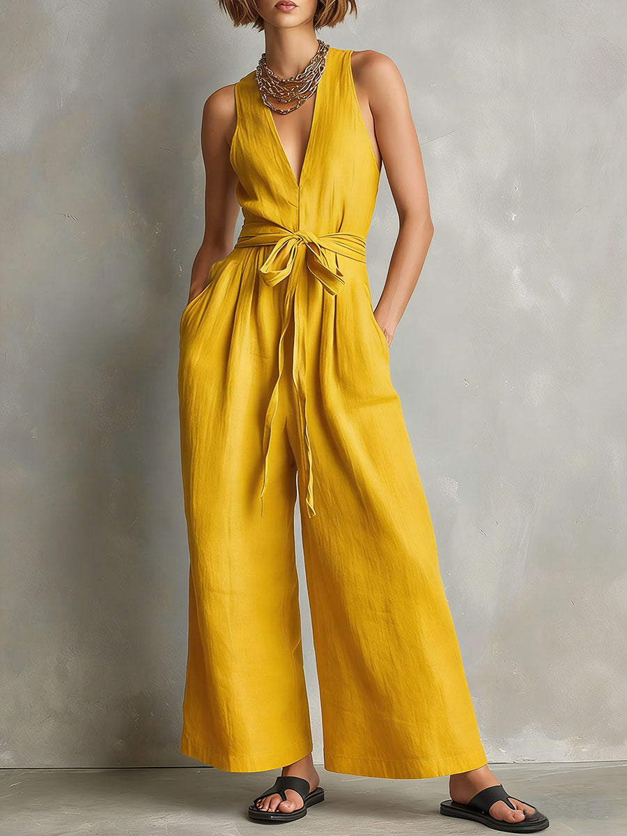 Women's Solid-color V-neck Sleeveless Casual Loose Cotton-linen Wide-leg Jumpsuit