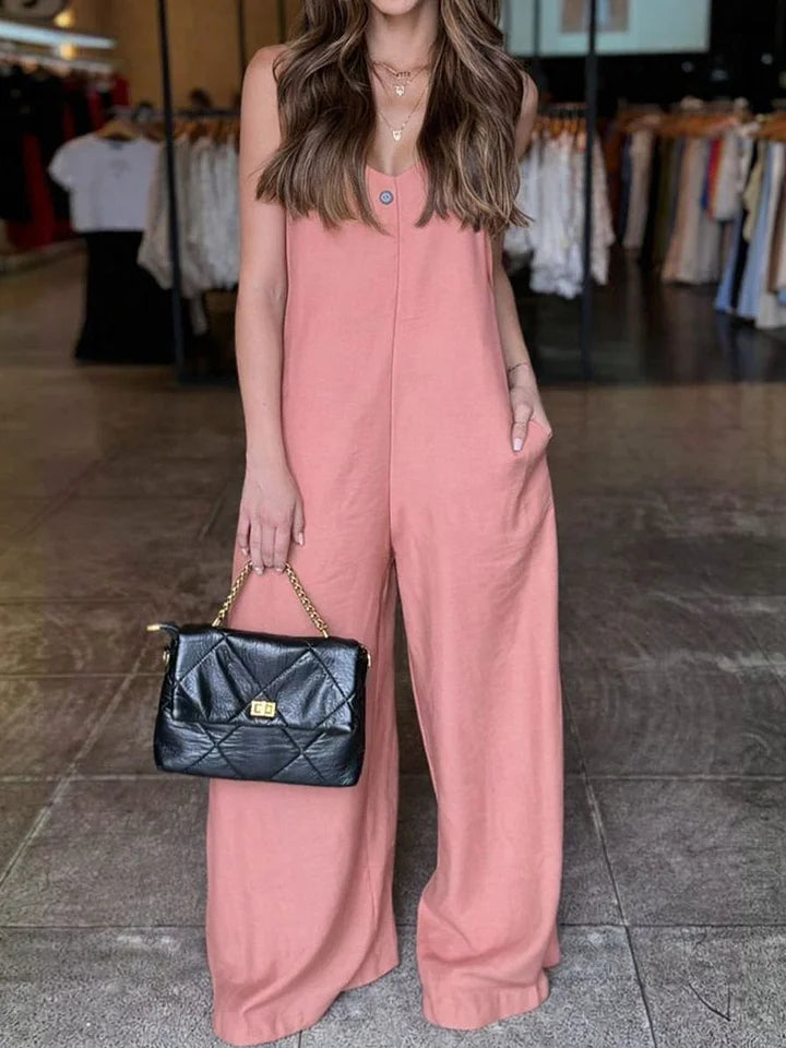Women's Solid Color V-neck Sleeveless Casual Loose Cotton And Linen Jumpsuit
