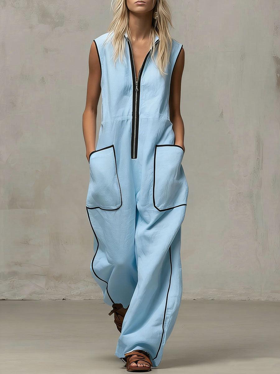 Women's V-neck Sleeveless Casual Loose Wide-leg Cotton And Linen Jumpsuit