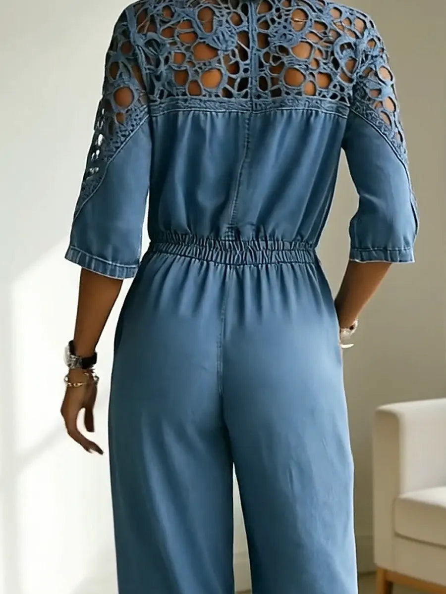 Women's Casual Retro Stylish Hollow Patchwork Denim Jumpsuit