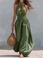 Retro Halter-neck Elasticized Waist Jumpsuit