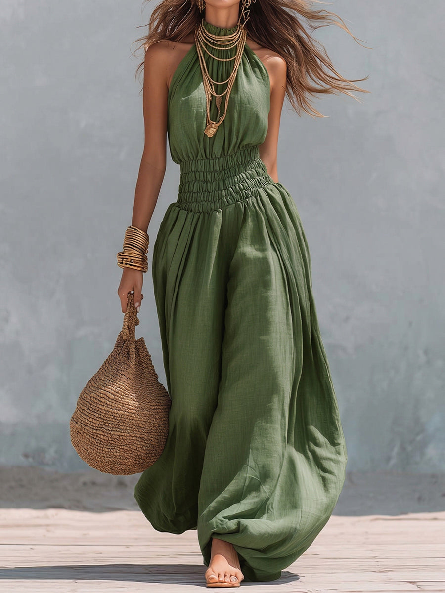 Retro Halter-neck Elasticized Waist Jumpsuit