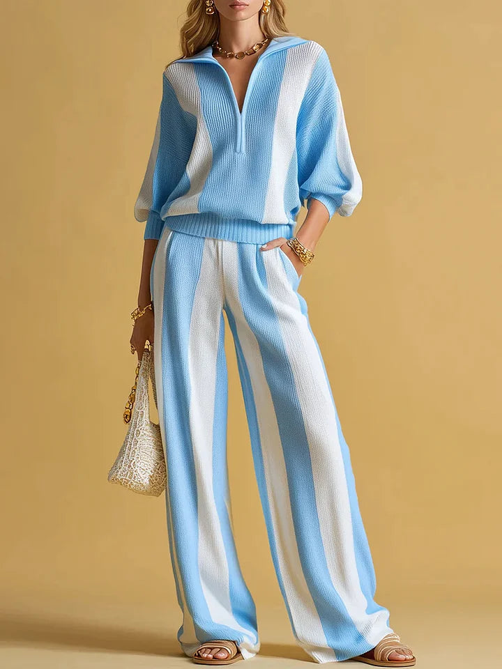 Women's Striped Print Cardigan Collar Three-quarter Sleeve Knitted Top And High-waisted Casual Loose Wide-leg Pants Knitted Set.