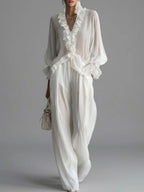 Women's Ruffled V-neck Long-sleeved Casual Loose Chiffon Top With Elastic Waist And Wide-leg Pants Set