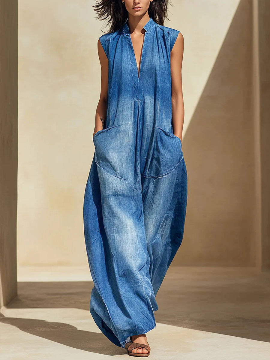 Women's V-neck Sleeveless Casual Loose-fit Denim Wide-leg Jumpsuit