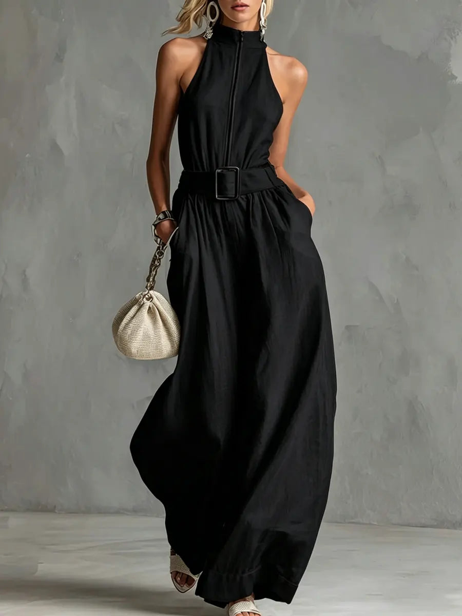 Women's Minimalist Design Cotton-Linen Halter Jumpsuit