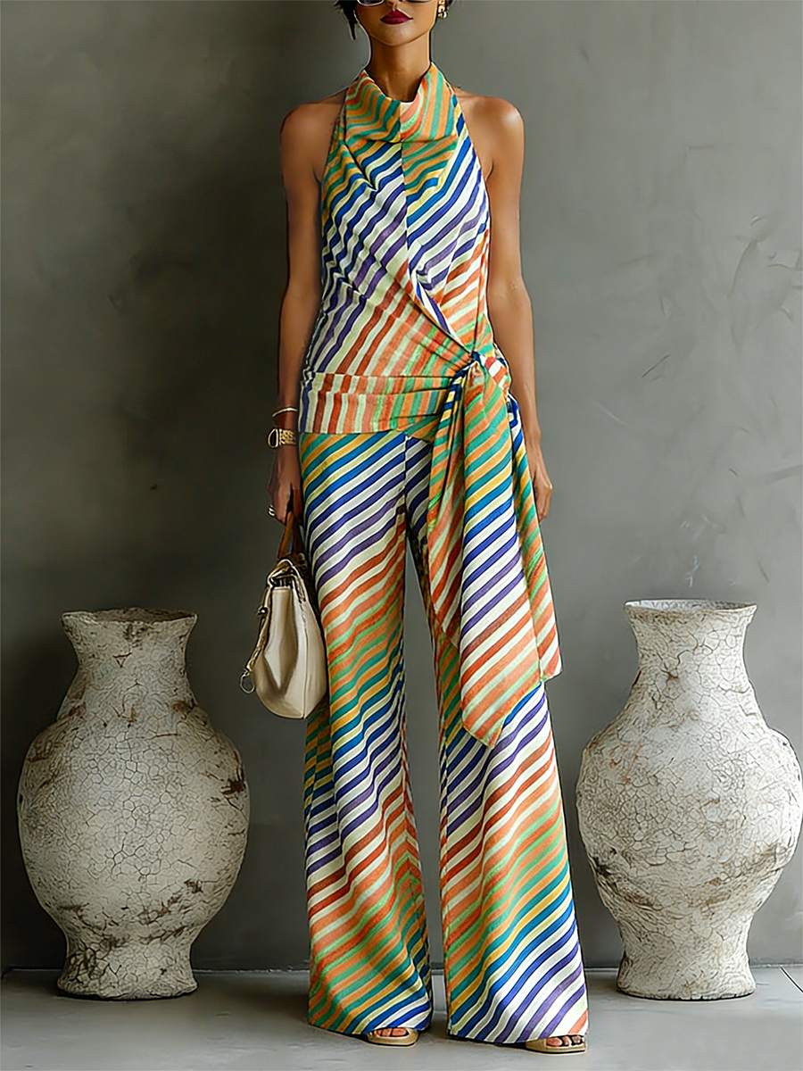 Artistic Striped Print Resort-style Two-piece Set