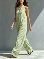 Classic Striped Loose-fit Cotton-linen Jumpsuit