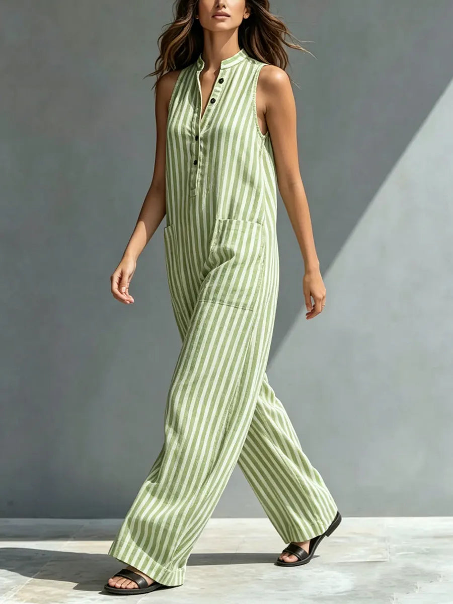 Classic Striped Loose-fit Cotton-linen Jumpsuit