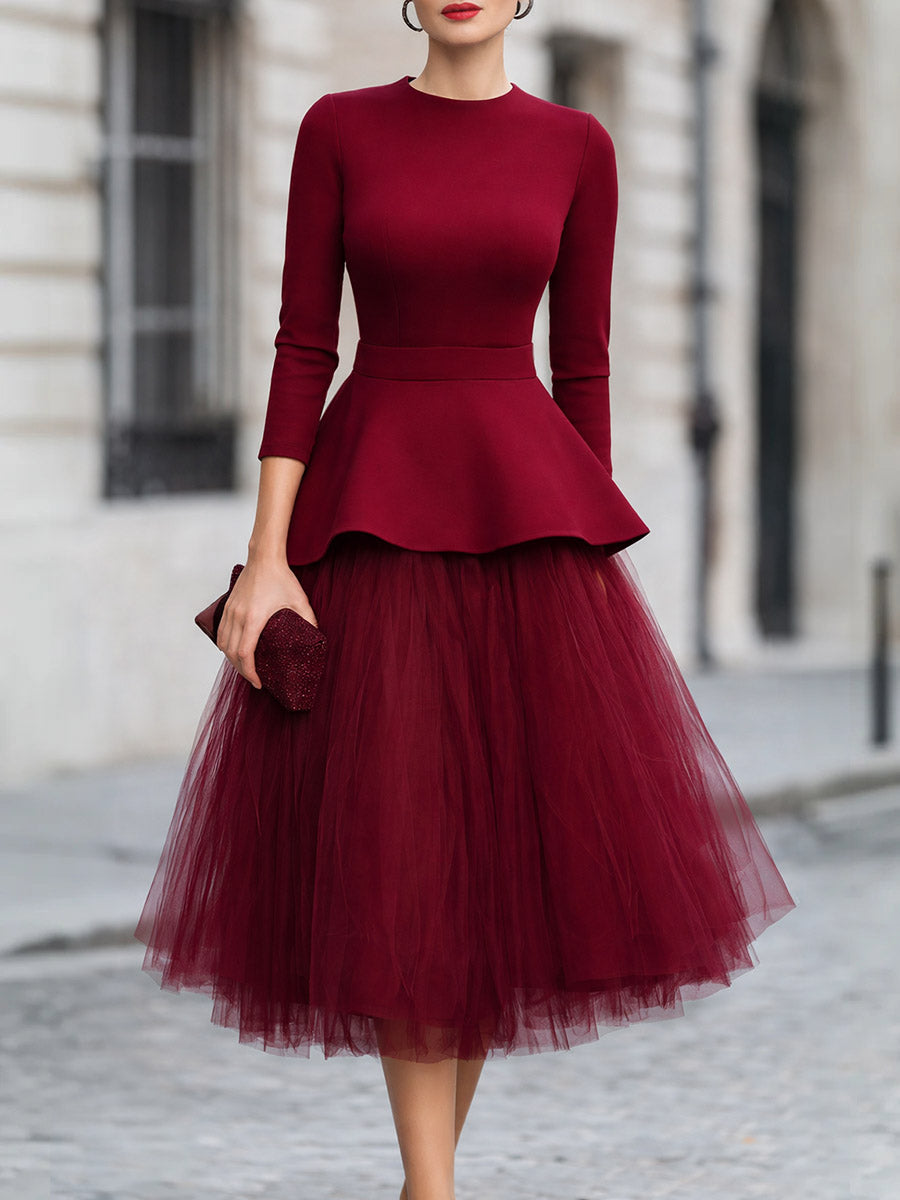 Women's Round-neck 3/4-sleeve Loose Casual Top & High-waisted Mesh Skirt Set