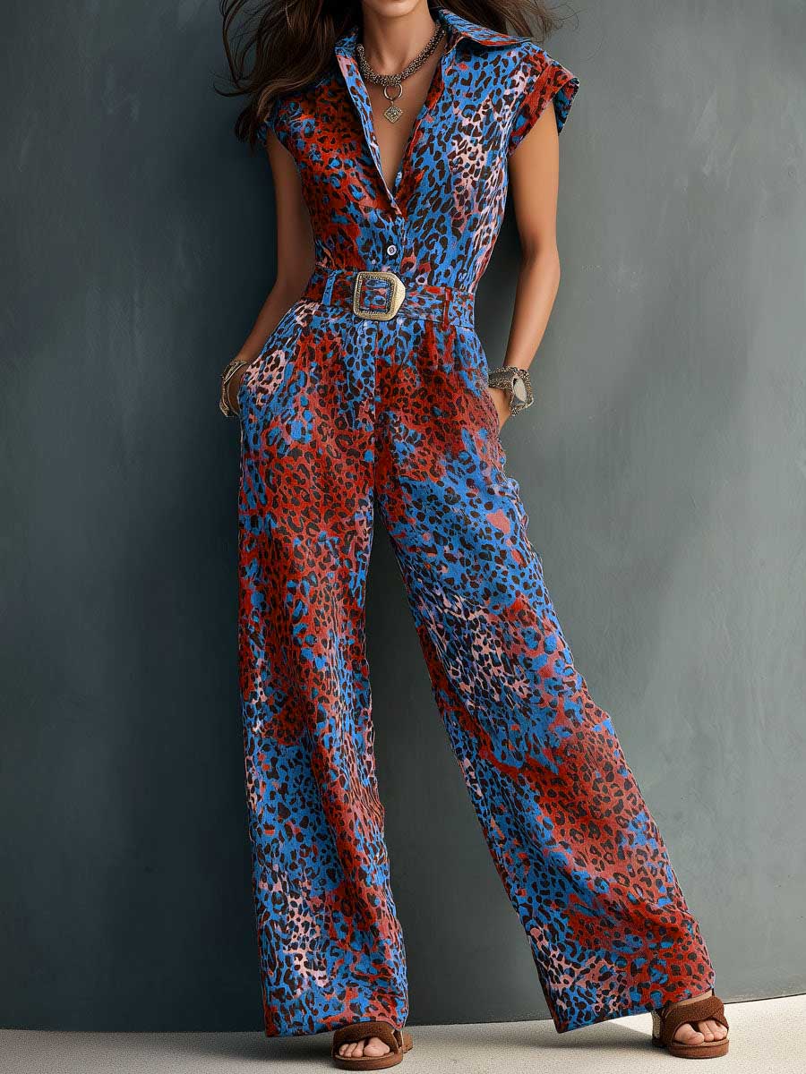 Women's Leopard Print Lapel Short-sleeve Casual Loose Cotton-linen Wide-leg Jumpsuit