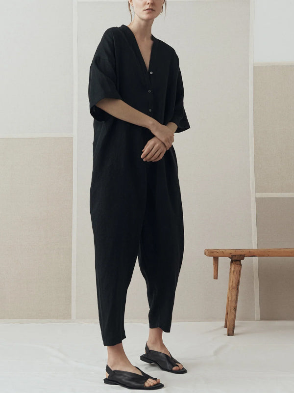 V-Neck Cotton And Linen Solid Color Jumpsuit
