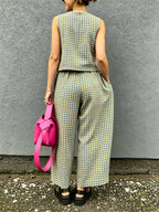 Retro Plaid Sleeveless Top& Wide-leg Pants Two-piece Set