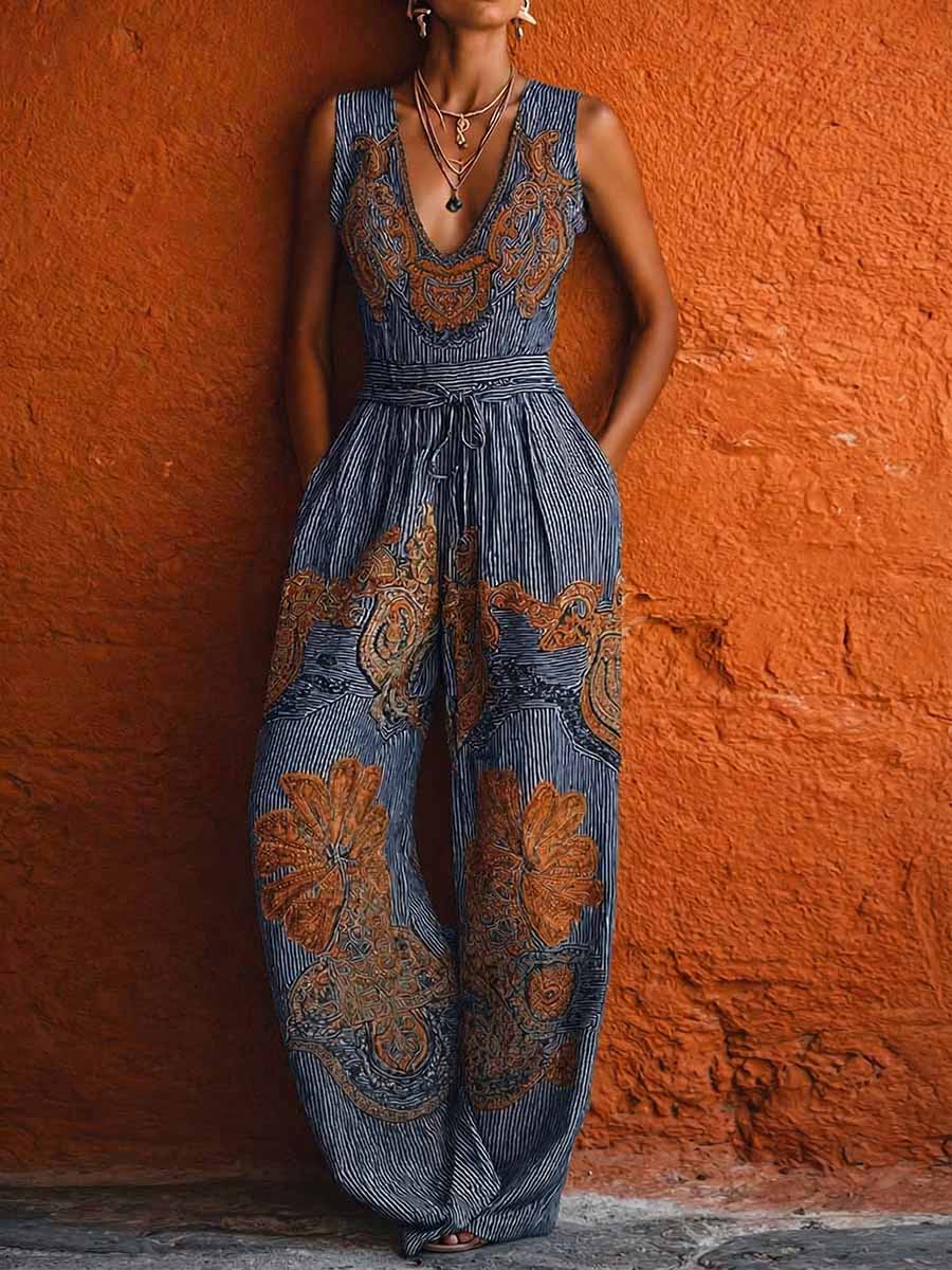 Women's V-neck Sleeveless Casual Loose Retro Striped Cotton-linen Wide-leg Jumpsuit
