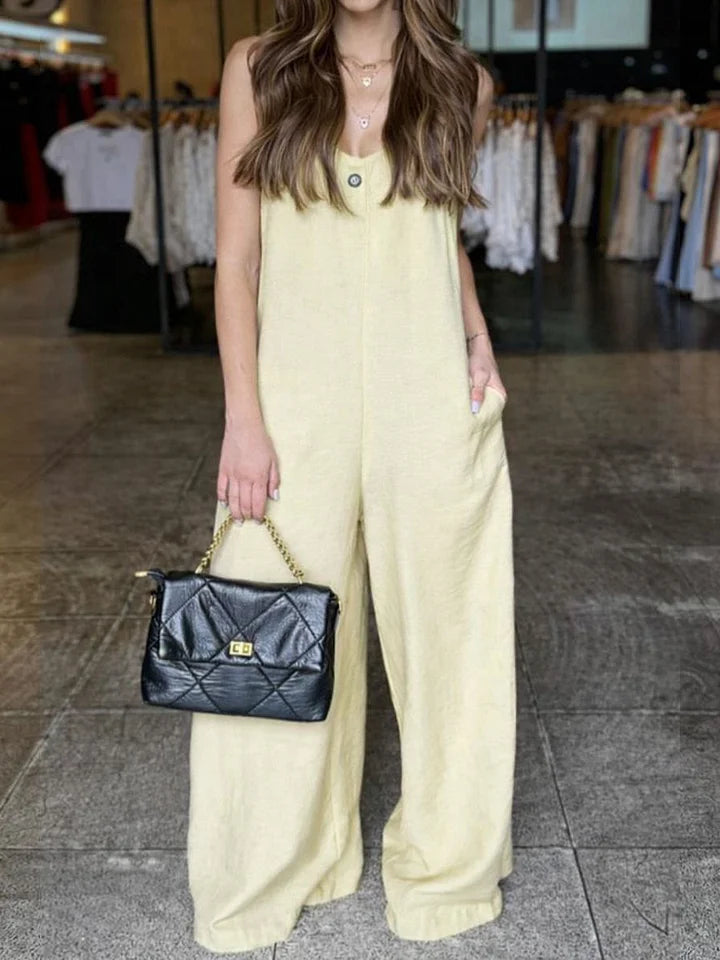 Women's Solid Color V-neck Sleeveless Casual Loose Cotton And Linen Jumpsuit