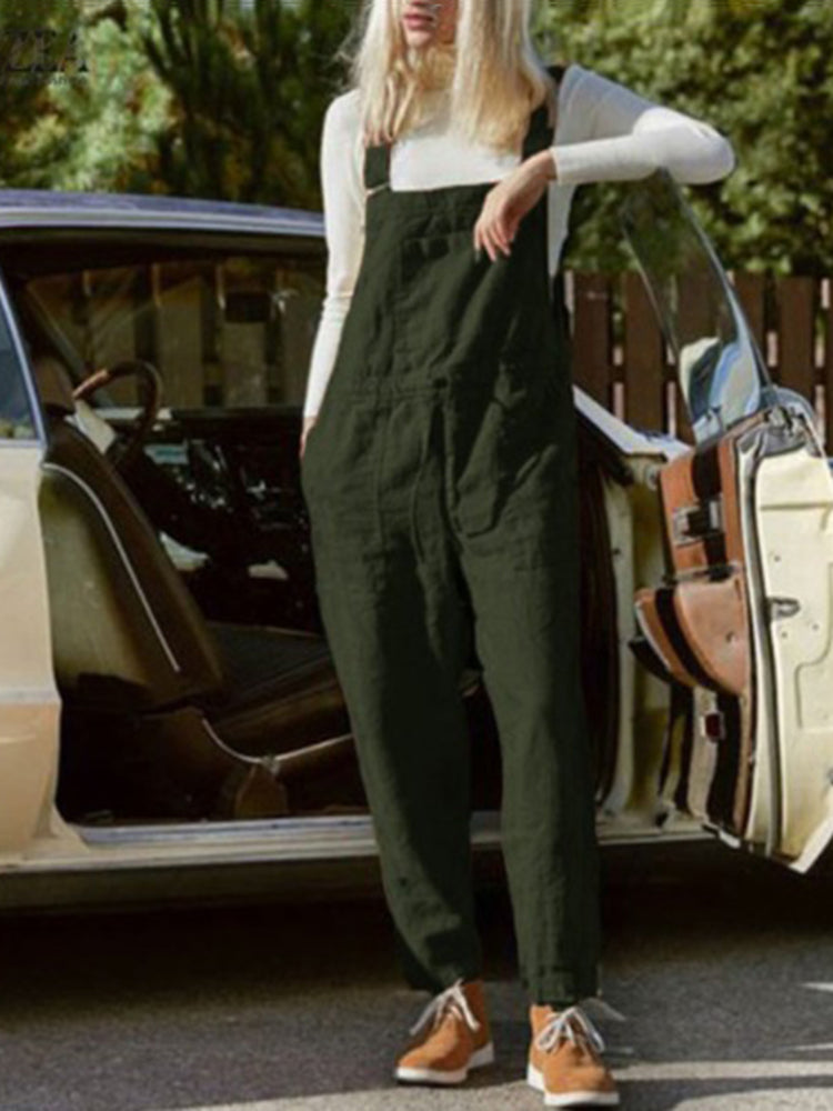 Solid Color Pocket Casual Overalls