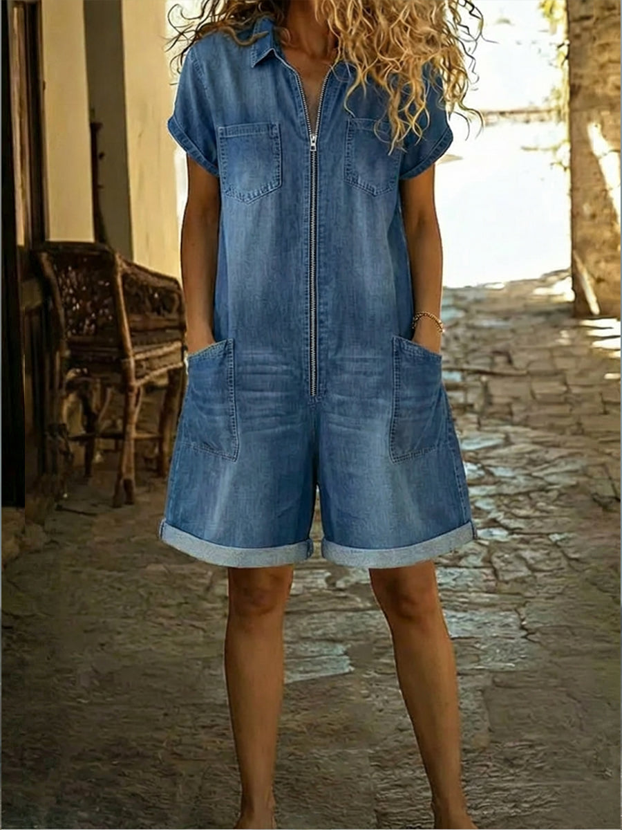 Casual Zip-up Denim Jumpsuit Shorts