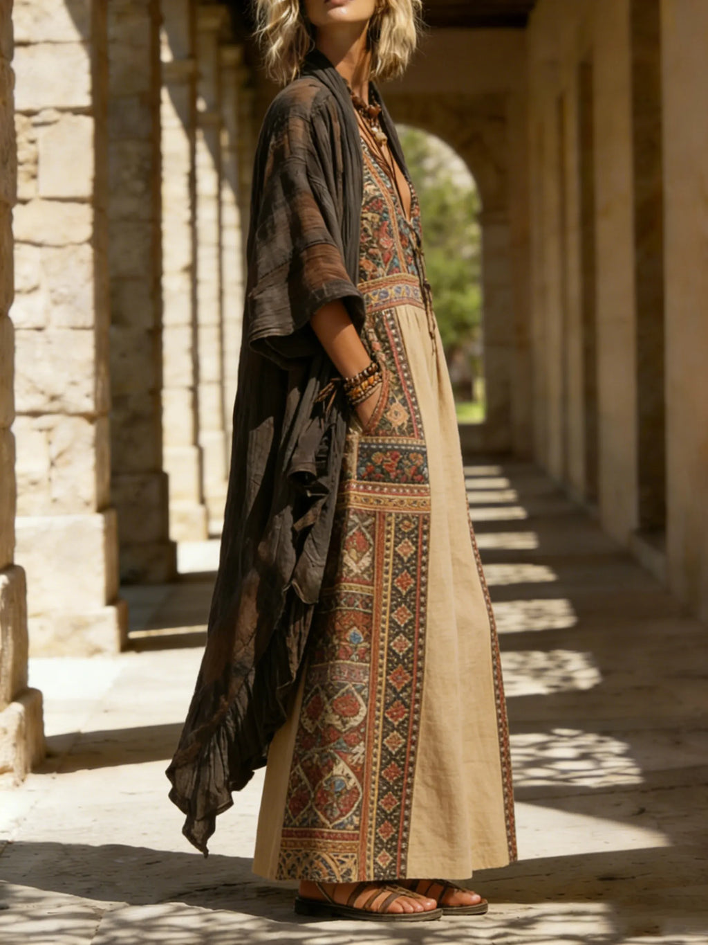 Bohemian Retro Linen Cotton Jumpsuit Cardigan Two-piece Set