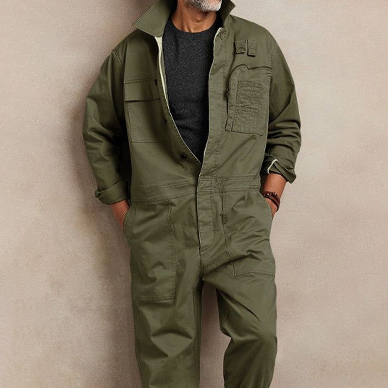 Vintage Single Breasted Lapel Long Sleeve Cotton Loose Jumpsuit