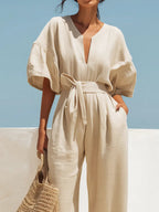Women's Solid Color Stylish Casual Cotton Linen Jumpsuit