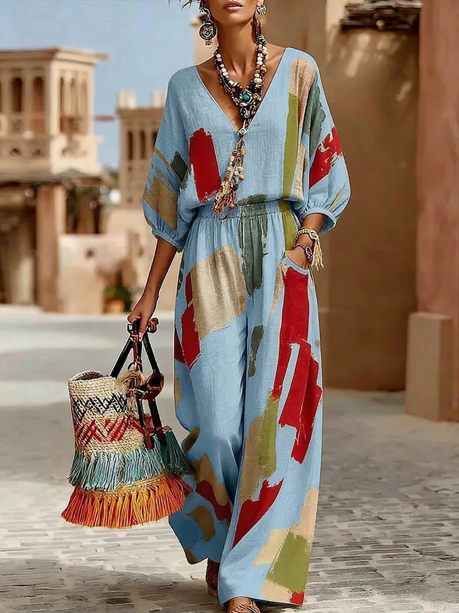 Women's Abstract Print V-neck 3/4-sleeve Casual Loose Cotton-linen Jumpsuit