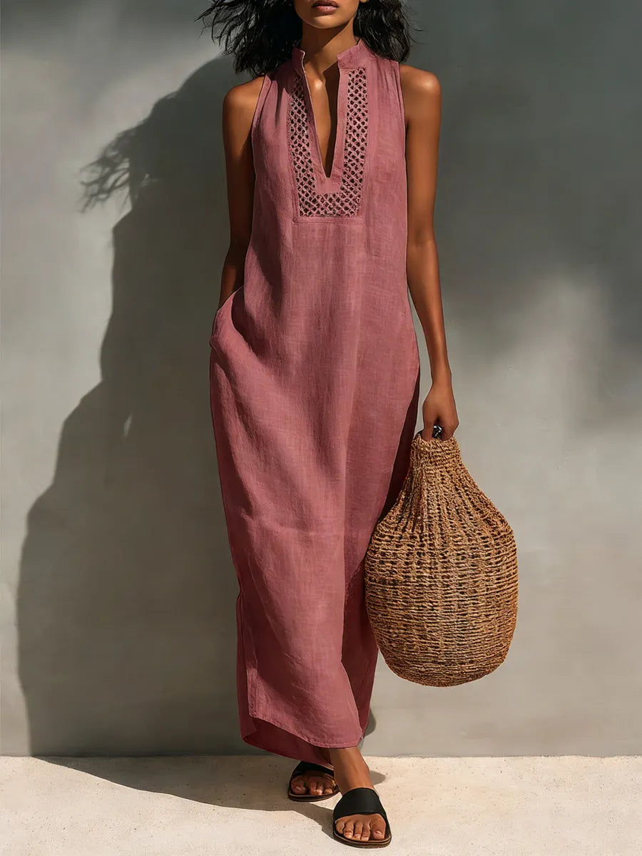 Women's Minimalist Sleeveless Maxi Dress With Cutout Neckline