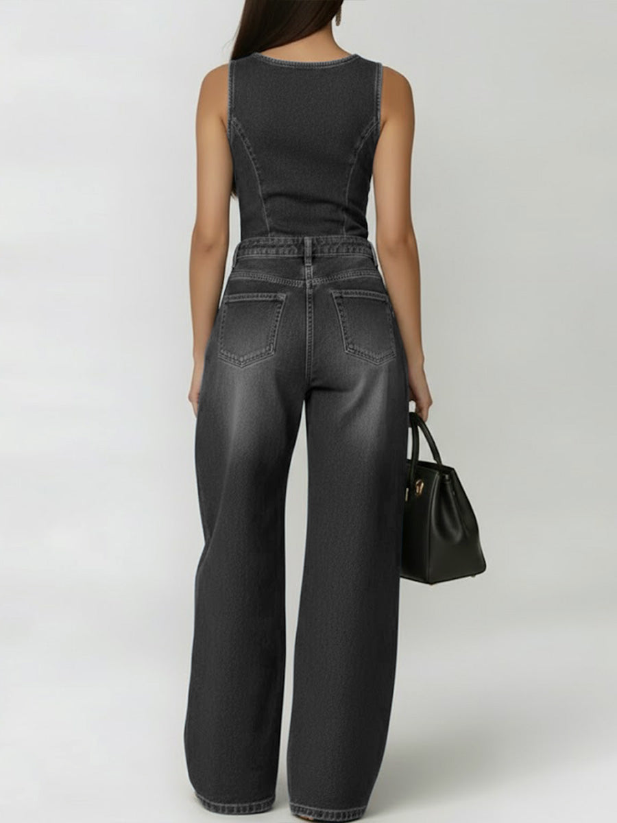 Women's Round Neck Sleeveless Casual Loose Denim Wide-leg Jumpsuit