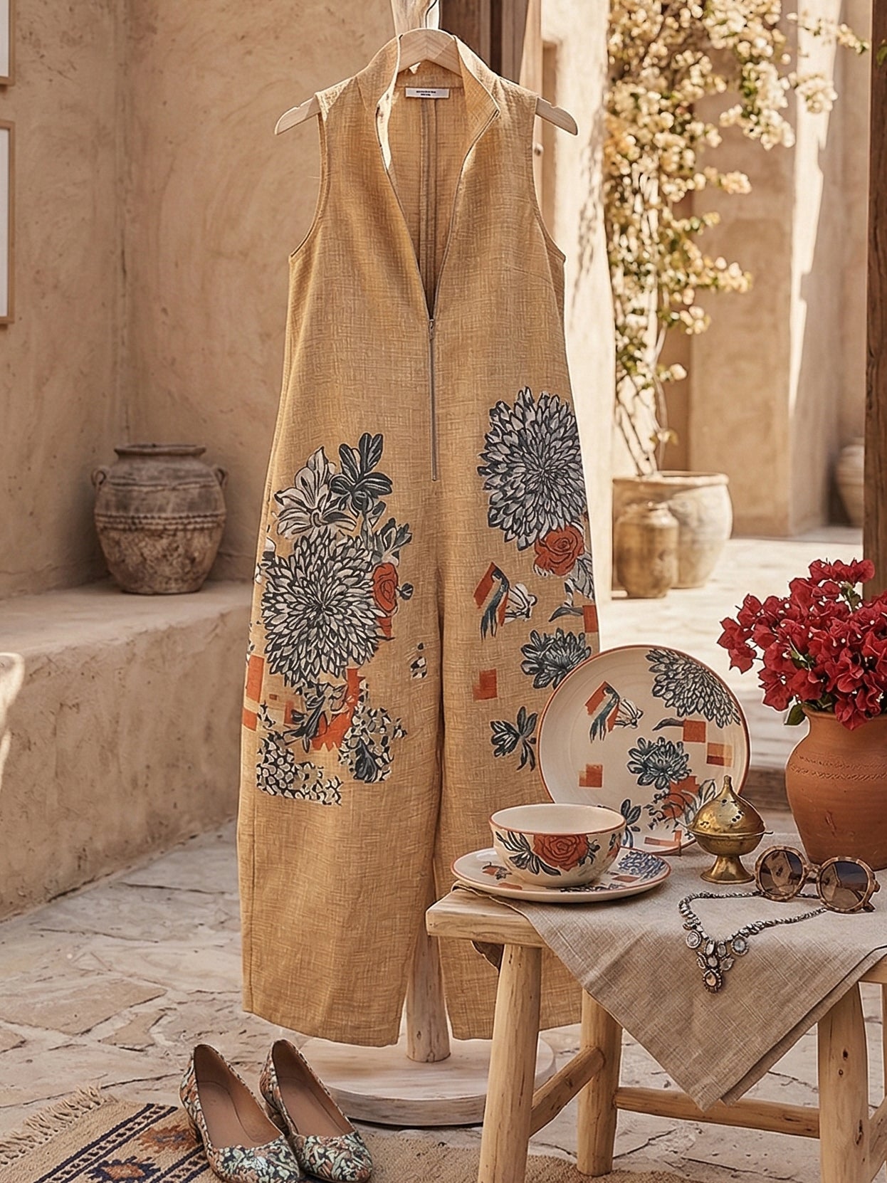 Retro Floral Print Zip-front Wide-leg Cotton-linen Jumpsuit